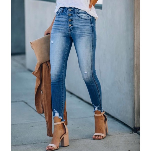 KanCan High Waisted Frayed Ankle Skinny Medium Washed Jeans Women’s Sizes NWT - Picture 5 of 13